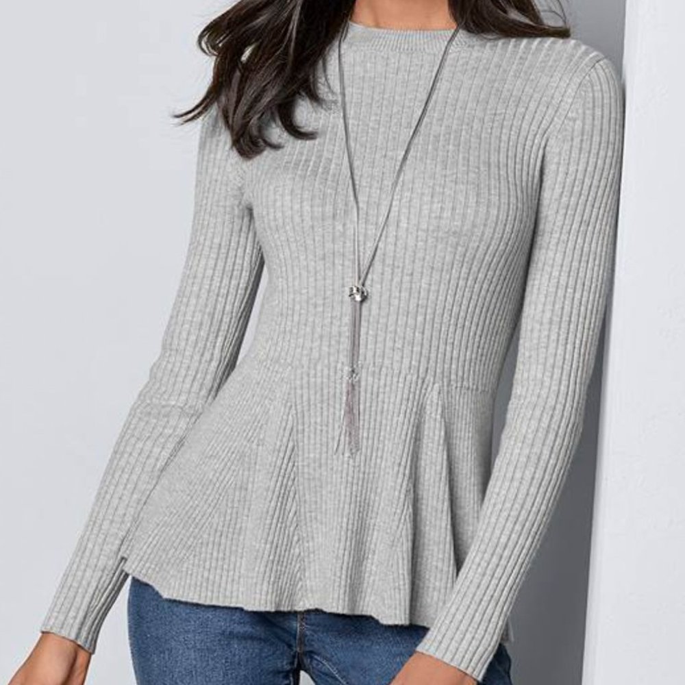 Venus Ribbed Peplum Sweater Heather Grey Size Small